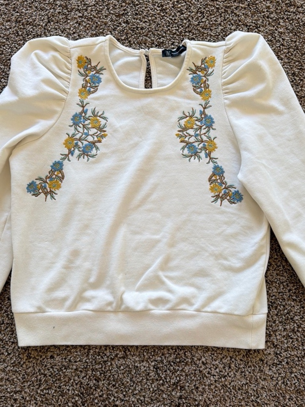 INC International Concepts Cream Sweatshirt with Blue & Yellow Floral Embroidery